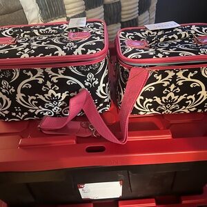 Black and White Damask travel Bags with Pink Trim and straps to carry